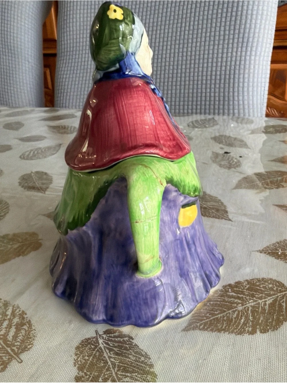 Hand-Painted Vintage Ceramic Figurine Sugar Bowl in Purple, Green, Red English